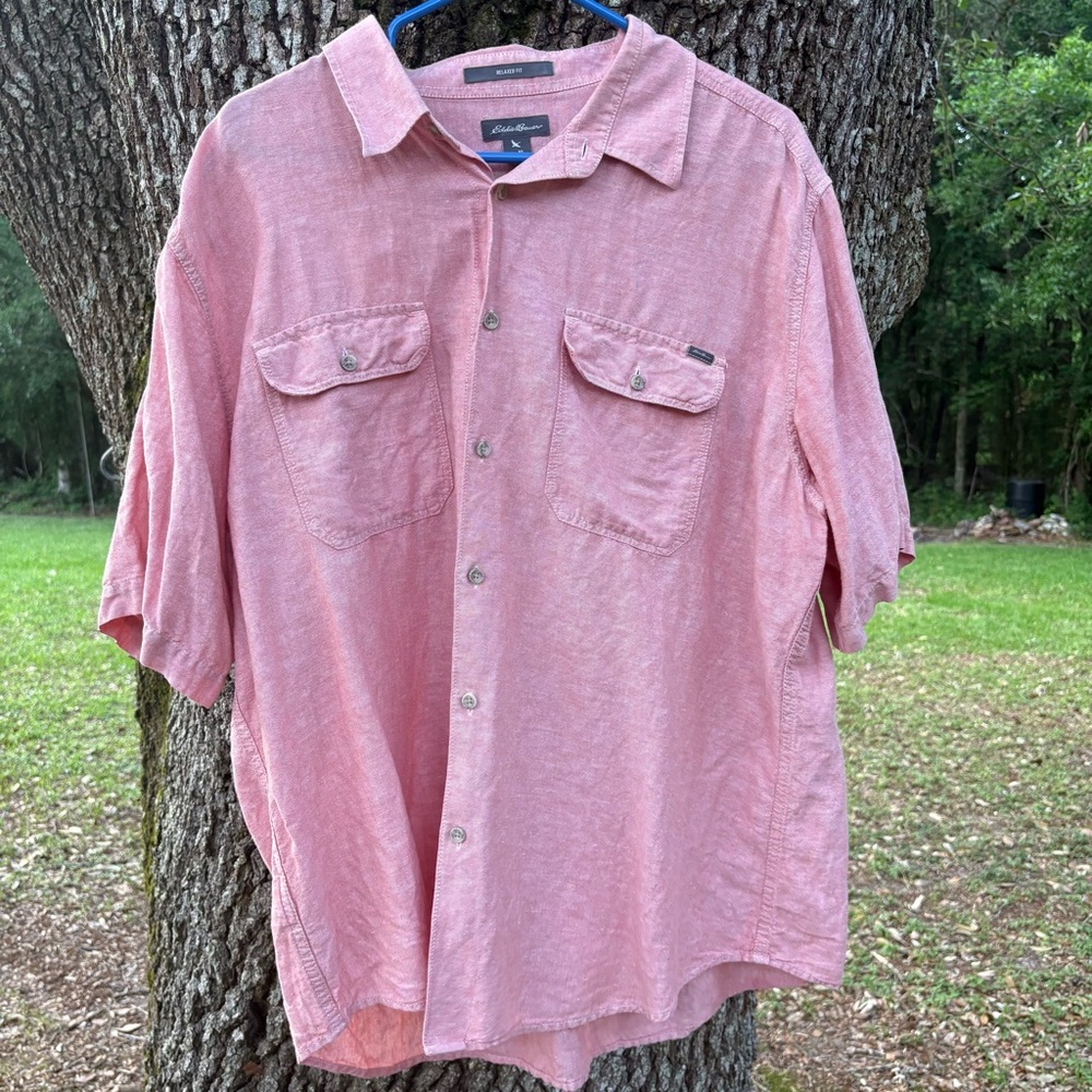 EDDIE BAUER PINK LINEN BUTTON DOWN SHIRT POCKETS SHORT SLEEVE CASUAL XL